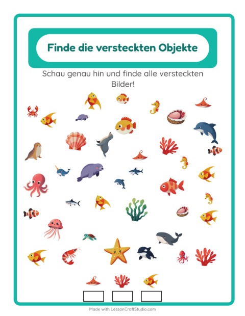 Vorschau: Objekte finden-Arbeitsblatt mit Meeresleben für Kindergarten