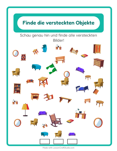 Vorschau: Objekte finden-Arbeitsblatt mit Möbel für Kindergarten