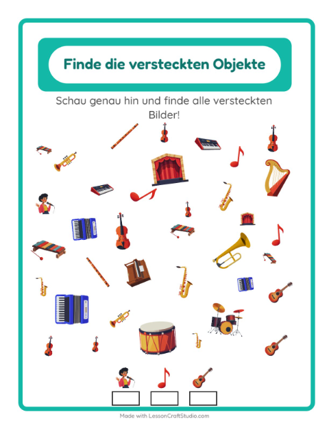 Vorschau: Objekte finden-Arbeitsblatt mit Musik für Kindergarten