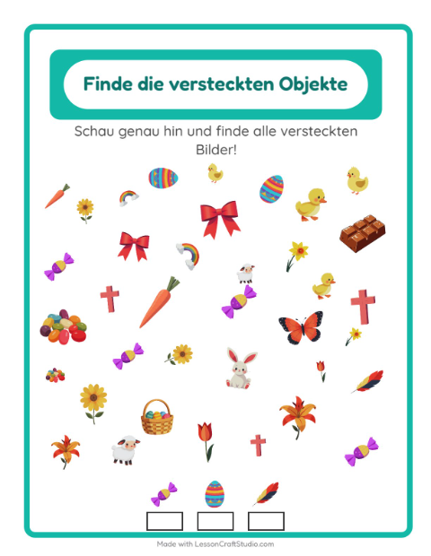 Vorschau: Objekte finden-Arbeitsblatt mit Ostern für Kindergarten