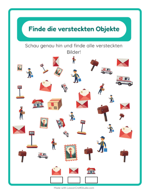 Vorschau: Objekte finden-Arbeitsblatt mit Postamt für Kindergarten