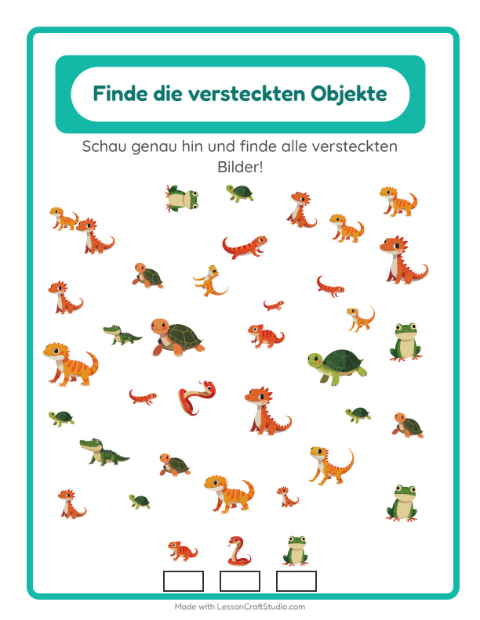 Vorschau: Objekte finden-Arbeitsblatt mit Reptilien und Amphibien für Kindergarten