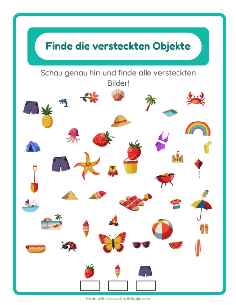 Vorschau: Objekte finden-Arbeitsblatt mit Sommer für Kindergarten