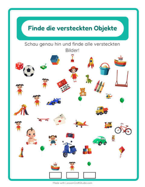 Vorschau: Objekte finden-Arbeitsblatt mit Spielzeug für Kindergarten