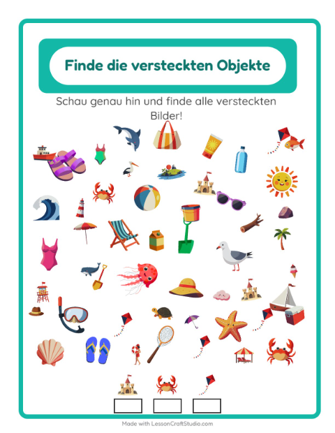 Vorschau: Objekte finden-Arbeitsblatt mit Strand für Kindergarten