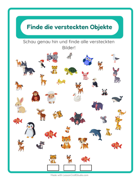 Vorschau: Objekte finden-Arbeitsblatt mit Tiere für Kindergarten