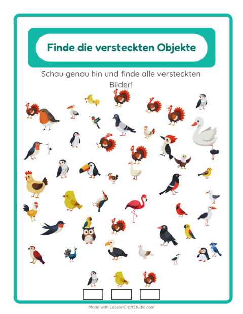 Vorschau: Objekte finden-Arbeitsblatt mit Vögel 2 für Kindergarten