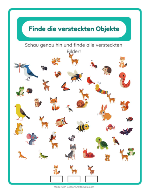Vorschau: Objekte finden-Arbeitsblatt mit Waldtiere für Kindergarten