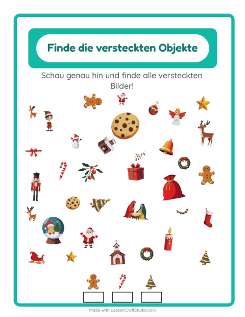 Vorschau: Objekte finden-Arbeitsblatt mit Weihnachten für Kindergarten