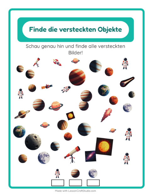 Vorschau: Objekte finden-Arbeitsblatt mit Weltraum für Kindergarten