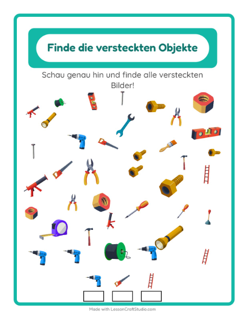 Vorschau: Objekte finden-Arbeitsblatt mit Werkzeuge für Kindergarten
