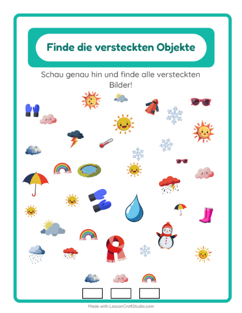 Vorschau: Objekte finden-Arbeitsblatt mit Wetter für Kindergarten