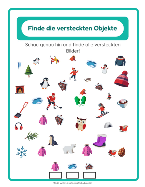 Vorschau: Objekte finden-Arbeitsblatt mit Winter für Kindergarten