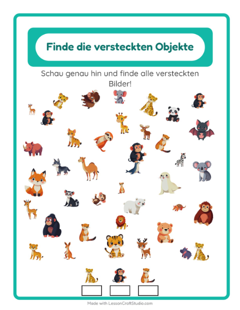 Vorschau: Objekte finden-Arbeitsblatt mit Zootiere für Kindergarten