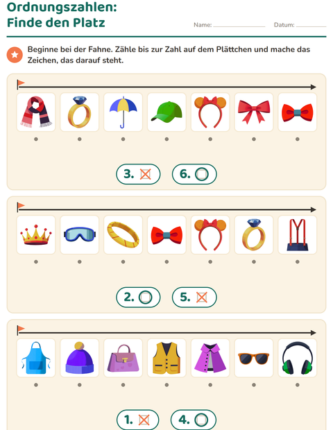 Vorschau: Ordnungszahlen-Arbeitsblatt mit Accessoires für Kindergarten