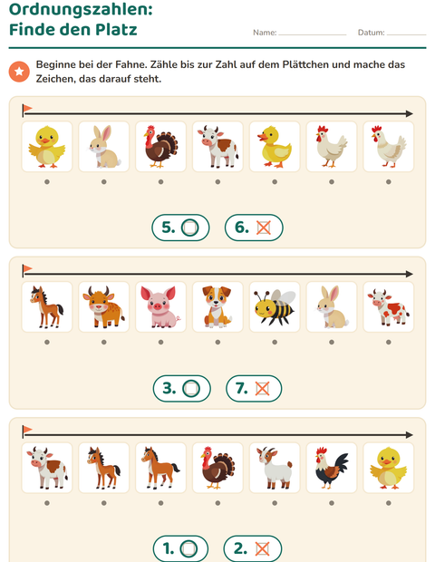 Vorschau: Ordnungszahlen-Arbeitsblatt mit Bauernhoftiere für Kindergarten