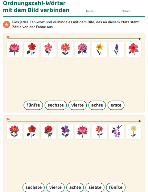 Vorschau: Ordnungszahlen-Arbeitsblatt mit Blumen für 1. Klasse