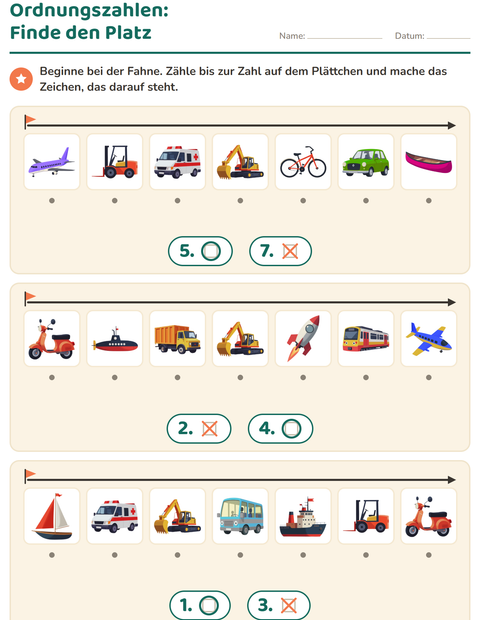 Vorschau: Ordnungszahlen-Arbeitsblatt mit Fahrzeuge für Kindergarten