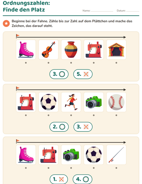 Vorschau: Ordnungszahlen-Arbeitsblatt mit Aktivitäten für Kindergarten