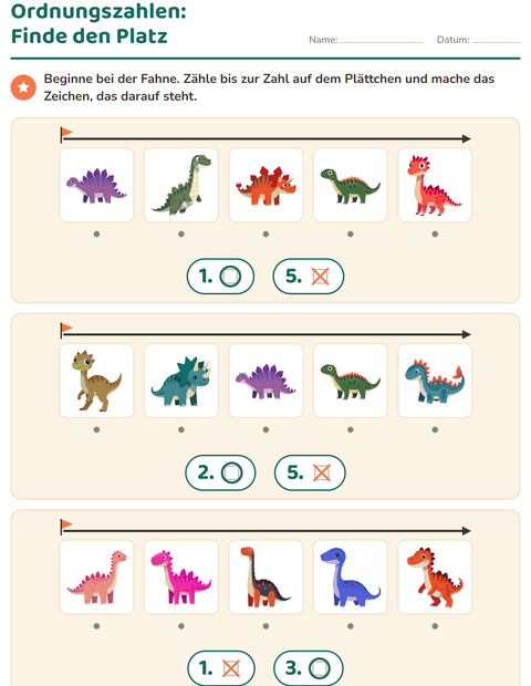 Vorschau: Ordnungszahlen-Arbeitsblatt mit Dinosaurier für Kindergarten