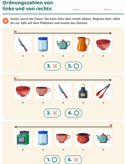 Vorschau: Ordnungszahlen-Arbeitsblatt mit Küchenwerkzeuge für Kindergarten