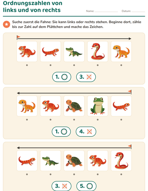 Vorschau: Ordnungszahlen-Arbeitsblatt mit Reptilien und Amphibien für Kindergarten