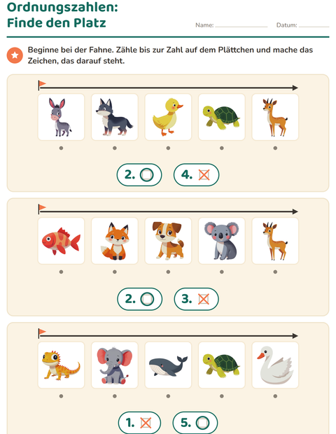 Vorschau: Ordnungszahlen-Arbeitsblatt mit Tiere für Kindergarten