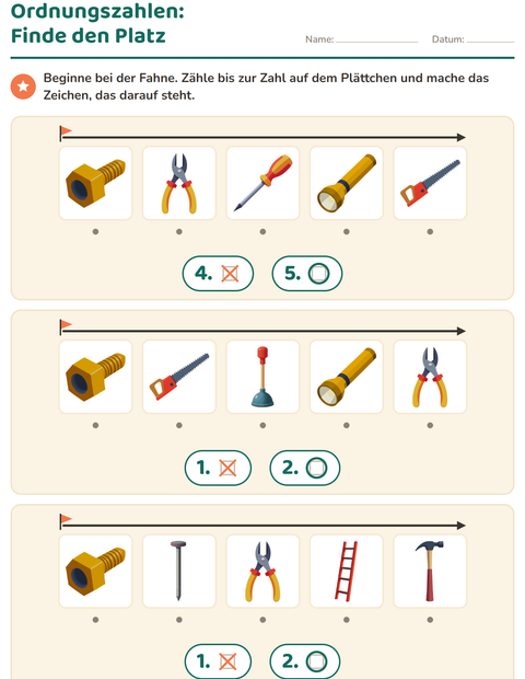 Vorschau: Ordnungszahlen-Arbeitsblatt mit Werkzeuge für Kindergarten