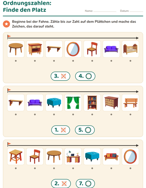 Vorschau: Ordnungszahlen-Arbeitsblatt mit Möbel für Kindergarten