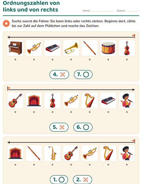 Vorschau: Ordnungszahlen-Arbeitsblatt mit Musik für Kindergarten