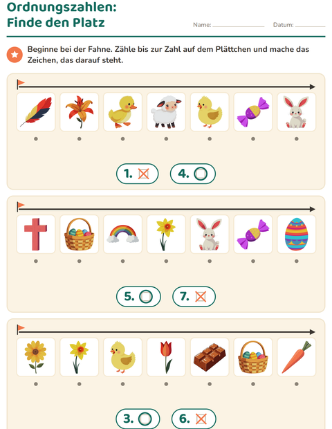 Vorschau: Ordnungszahlen-Arbeitsblatt mit Ostern für Kindergarten
