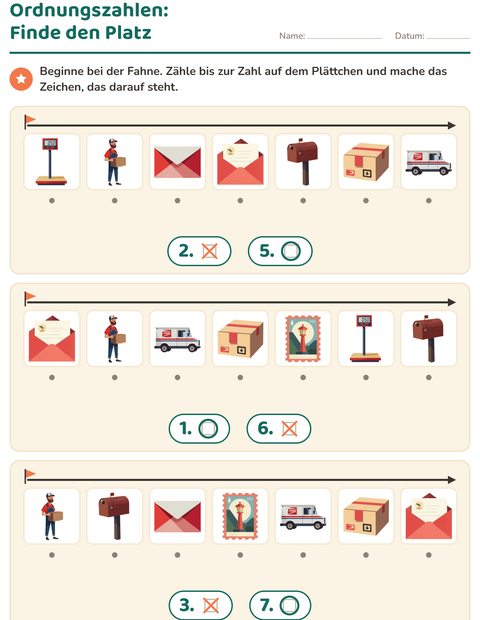 Vorschau: Ordnungszahlen-Arbeitsblatt mit Postamt für Kindergarten