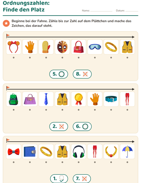 Vorschau: Ordnungszahlen-Arbeitsblatt mit Accessoires für Kindergarten