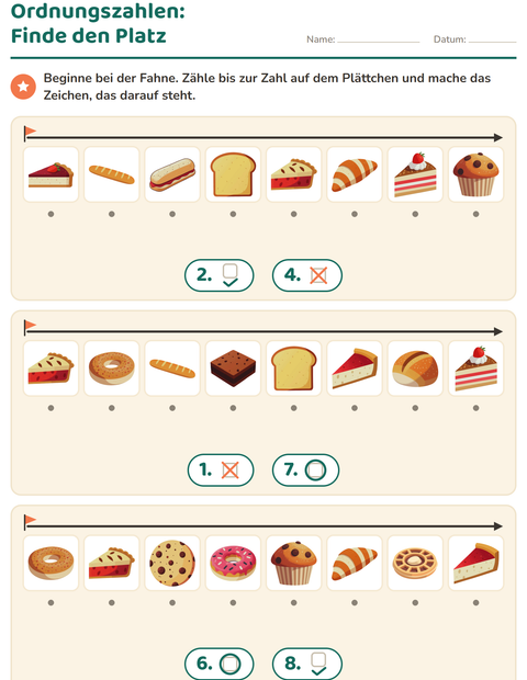 Vorschau: Ordnungszahlen-Arbeitsblatt mit Bäckerei für Kindergarten