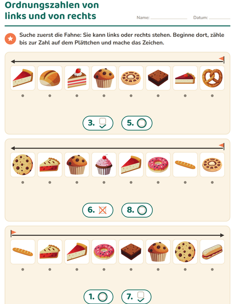 Vorschau: Ordnungszahlen-Arbeitsblatt mit Bäckerei für Kindergarten