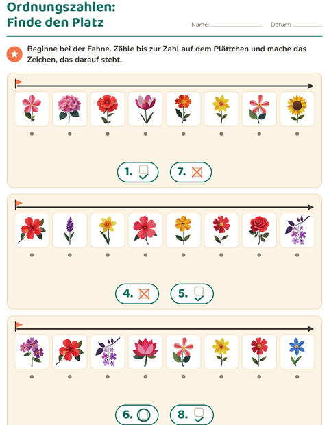 Vorschau: Ordnungszahlen-Arbeitsblatt mit Blumen für Kindergarten