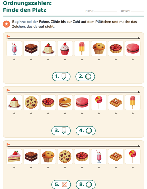 Vorschau: Ordnungszahlen-Arbeitsblatt mit Desserts und Süßigkeiten für Kindergarten