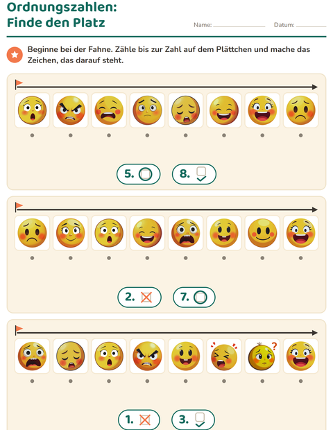 Vorschau: Ordnungszahlen-Arbeitsblatt mit Emotionen für Kindergarten