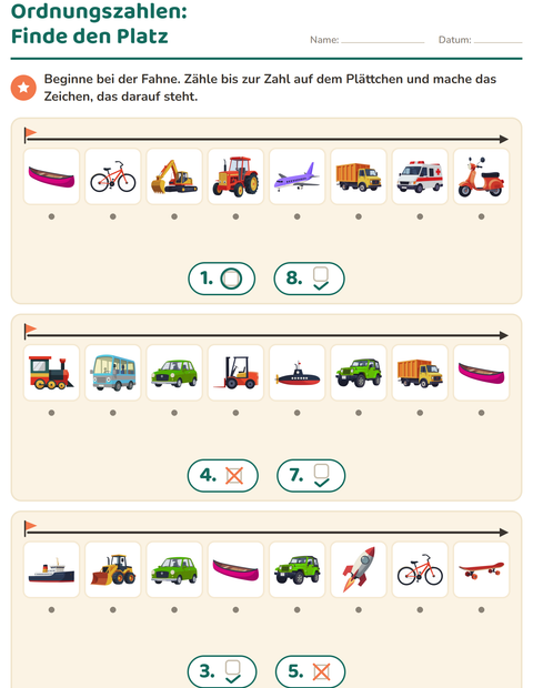 Vorschau: Ordnungszahlen-Arbeitsblatt mit Fahrzeuge für Kindergarten