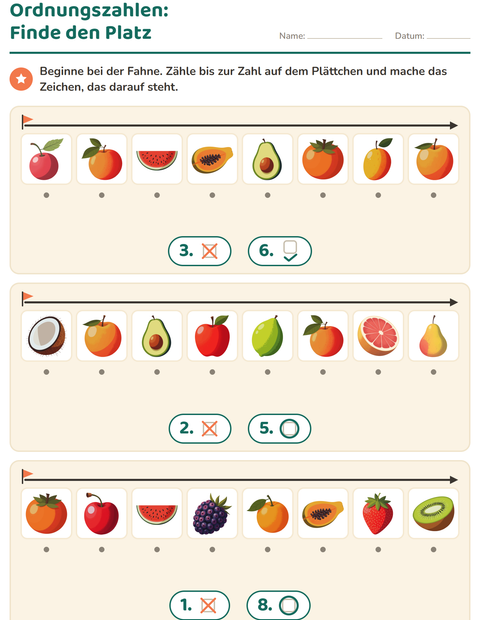 Vorschau: Ordnungszahlen-Arbeitsblatt mit Früchte für Kindergarten