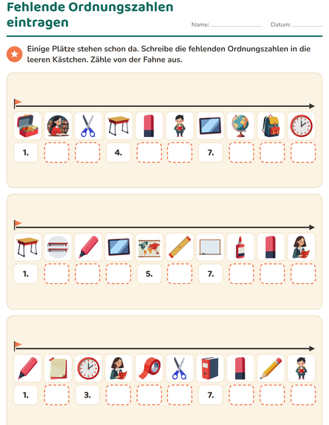 Vorschau: Ordnungszahlen-Arbeitsblatt mit Klassenzimmer für 1. Klasse
