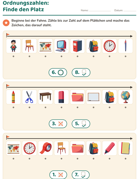 Vorschau: Ordnungszahlen-Arbeitsblatt mit Klassenzimmer für Kindergarten