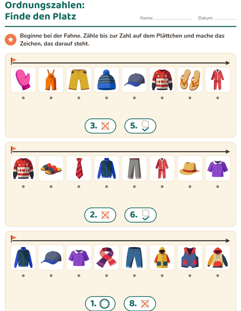Vorschau: Ordnungszahlen-Arbeitsblatt mit Kleidung für Kindergarten