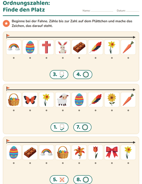 Vorschau: Ordnungszahlen-Arbeitsblatt mit Ostern für Kindergarten