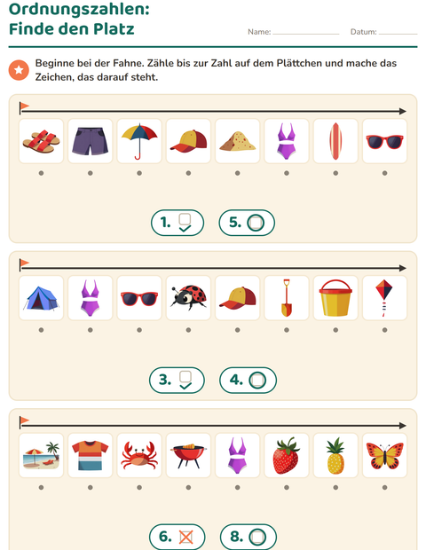 Vorschau: Ordnungszahlen-Arbeitsblatt mit Sommer für Kindergarten