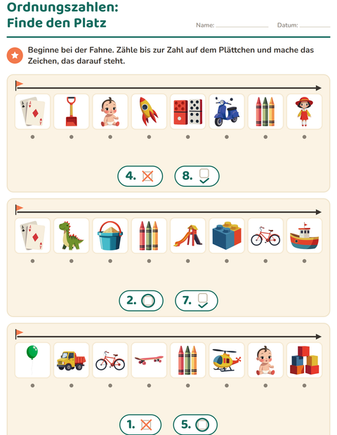 Vorschau: Ordnungszahlen-Arbeitsblatt mit Spielzeug für Kindergarten