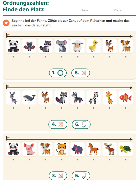 Vorschau: Ordnungszahlen-Arbeitsblatt mit Tiere für Kindergarten