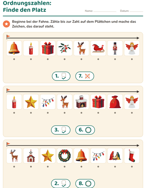 Vorschau: Ordnungszahlen-Arbeitsblatt mit Weihnachten für Kindergarten