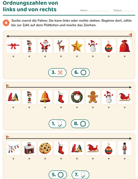 Vorschau: Ordnungszahlen-Arbeitsblatt mit Weihnachten für Kindergarten