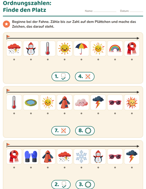 Vorschau: Ordnungszahlen-Arbeitsblatt mit Wetter für Kindergarten